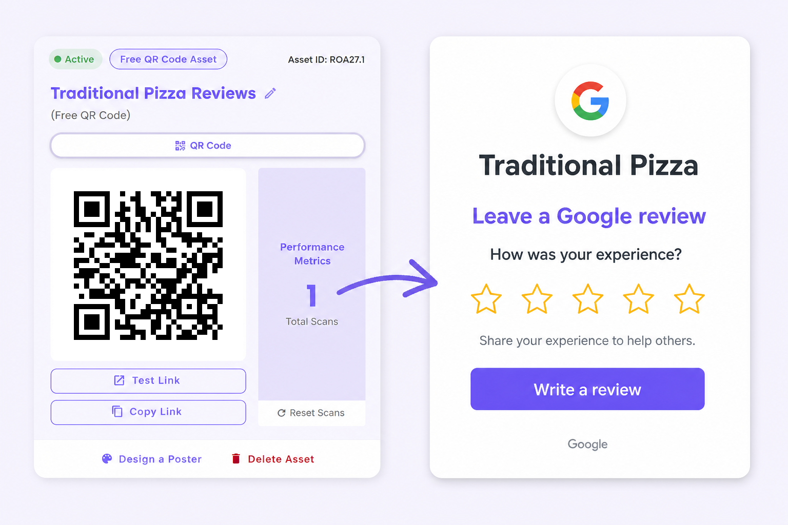 TapSpot QR code leading to the Traditional Pizza Google review page